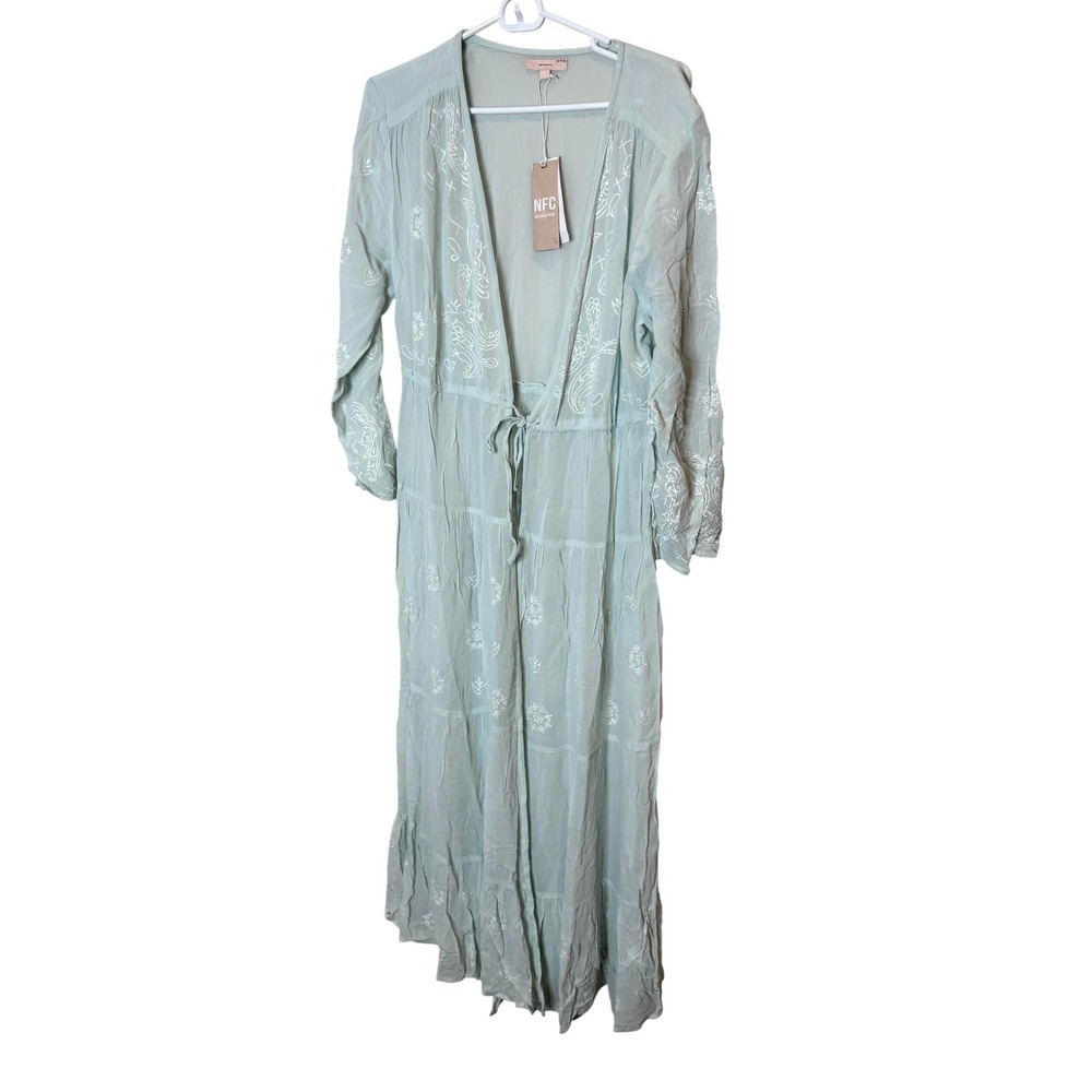 New Friends Colony Dress Womens One Size Green‎ Embroidered Kaftan Maxi Boho